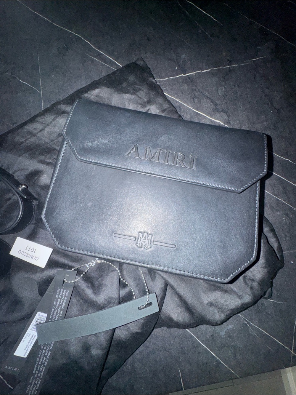 AMIRI Black Leather Envelope Crossbody Pouch with Embossed Logo